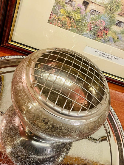 Silver Engraved Flower Arranger Bowl – Vintage Floral Frog Vase