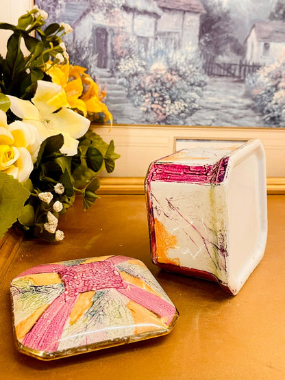 Vintage Hand Painted Ceramic Trinket Box Square Lidded Keepsake Box