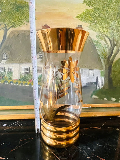 Vintage Hand-Gilded Glass Vase – Floral Etching with 24K Gold Detailing