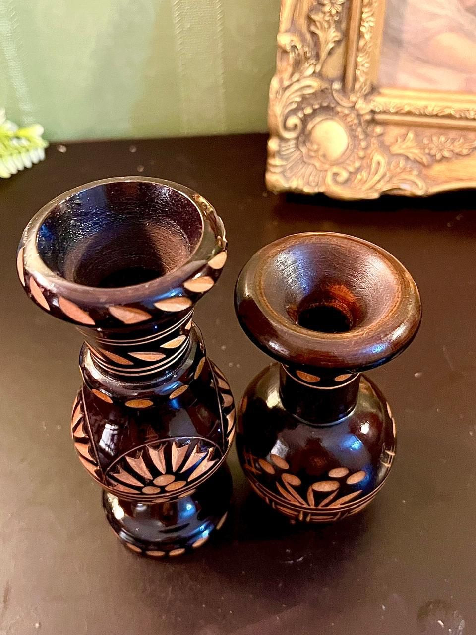 Set of 2 Vintage Brown Hand Painted Mini Vases 6 Inch
