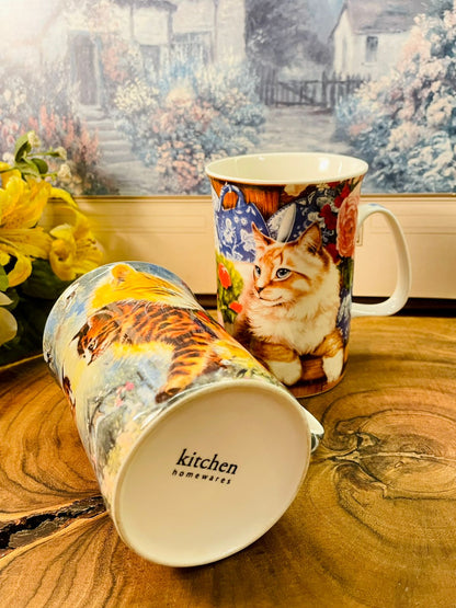 Cat Print Ceramic Mug Cute Kitten Tea Coffee Cups Set of 2
