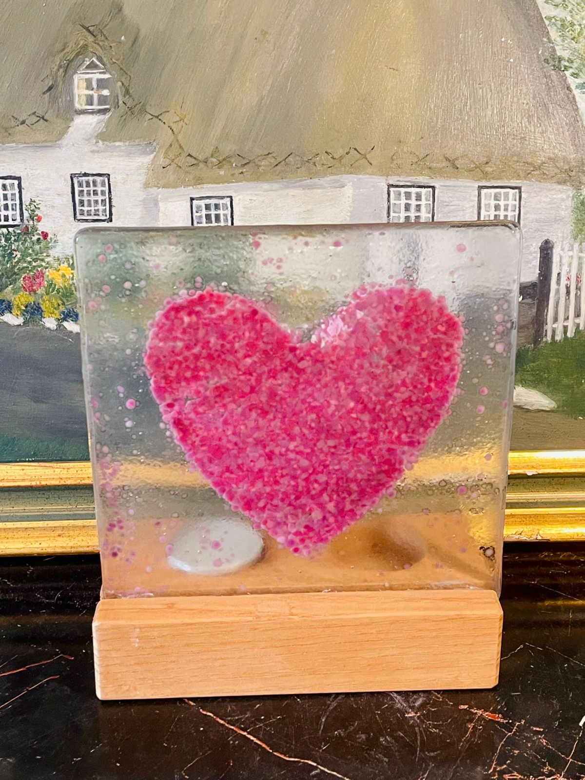 glassartdecor, pinkheartlamp, valentinegift, romanticdecor, handmadeglass, woodenbasedecor, fusedglassart, cottagecoredecor, sunsetkitchenfinds, heartlightblock, aestheticgift, homeaccentpakistan