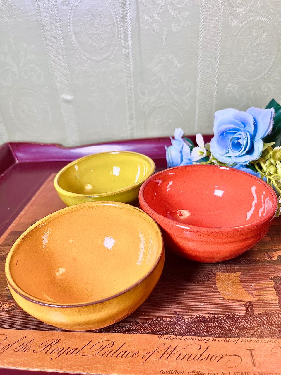 Set of 3 Colourful Glazed Stoneware Bowls Red Yellow & Mustard Approx. 4 Inch