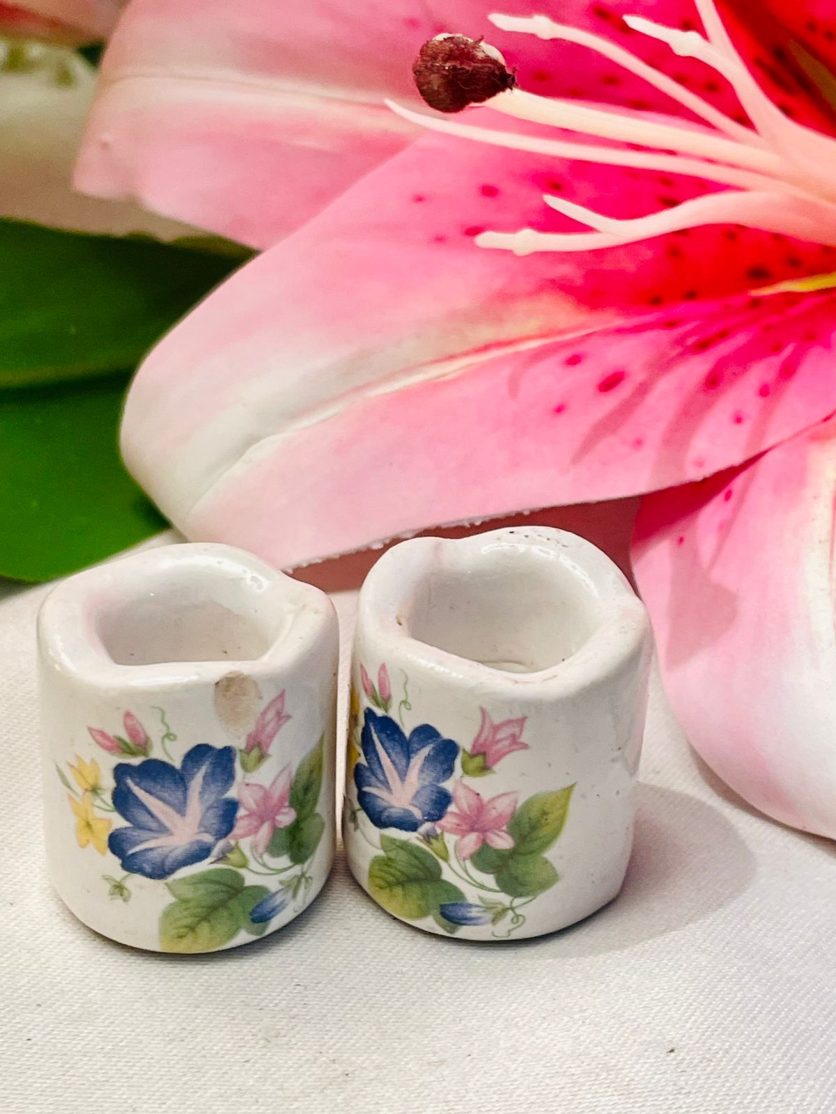 Vintage Floral Porcelain Mini Holders Pair Approx. 4 cm Tall