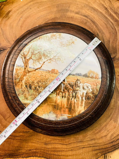 Vintage Round Equestrian Wall Plaque in Chestnut Frame