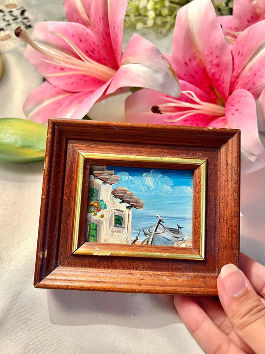 Seaside Village Landscape Painting – Wooden Frame, 5 Inches