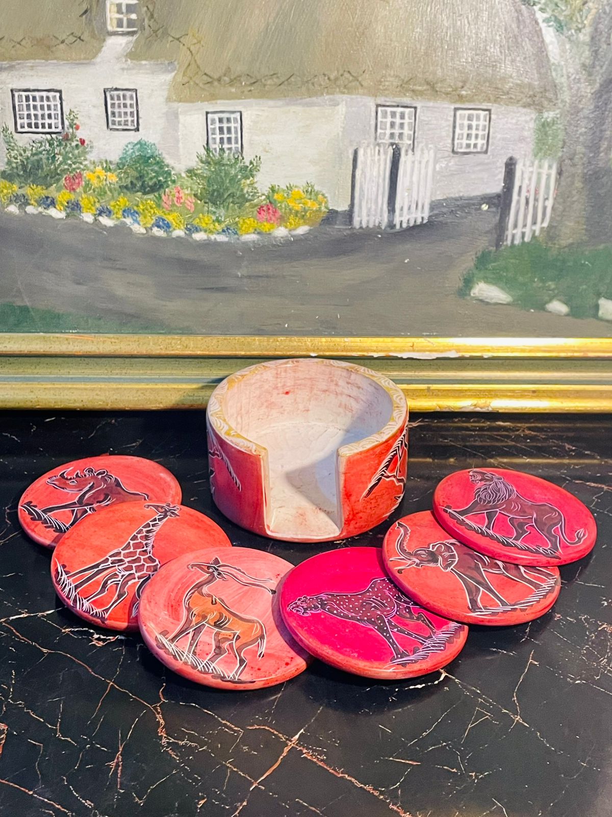 Handcrafted African Soapstone Coaster Set – Safari Animal Design (6 Pcs)