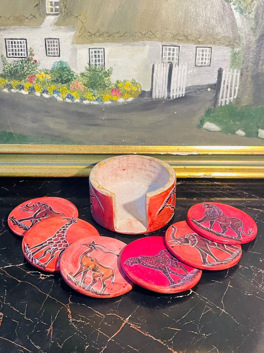 Handcrafted African Soapstone Coaster Set – Safari Animal Design (6 Pcs)