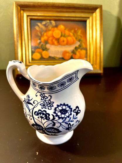 Vintage Blue & White Floral Ceramic Pitcher – 6 Inch