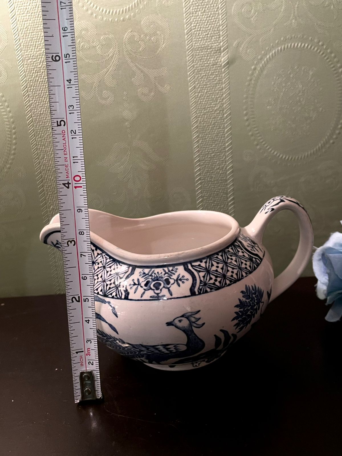 Blue White Ceramic Creamer Jug with Bird Design 3 Inch