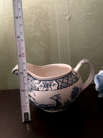 Blue White Ceramic Creamer Jug with Bird Design 3 Inch
