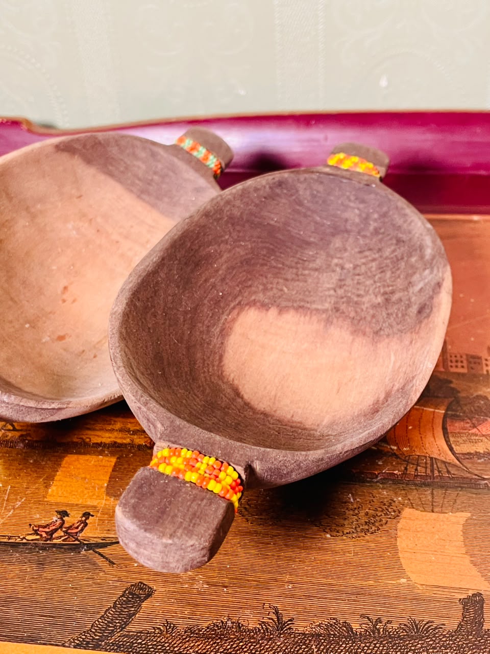 Pair of Rustic Wooden Serving Bowls with Beaded Handles – 8 Inch