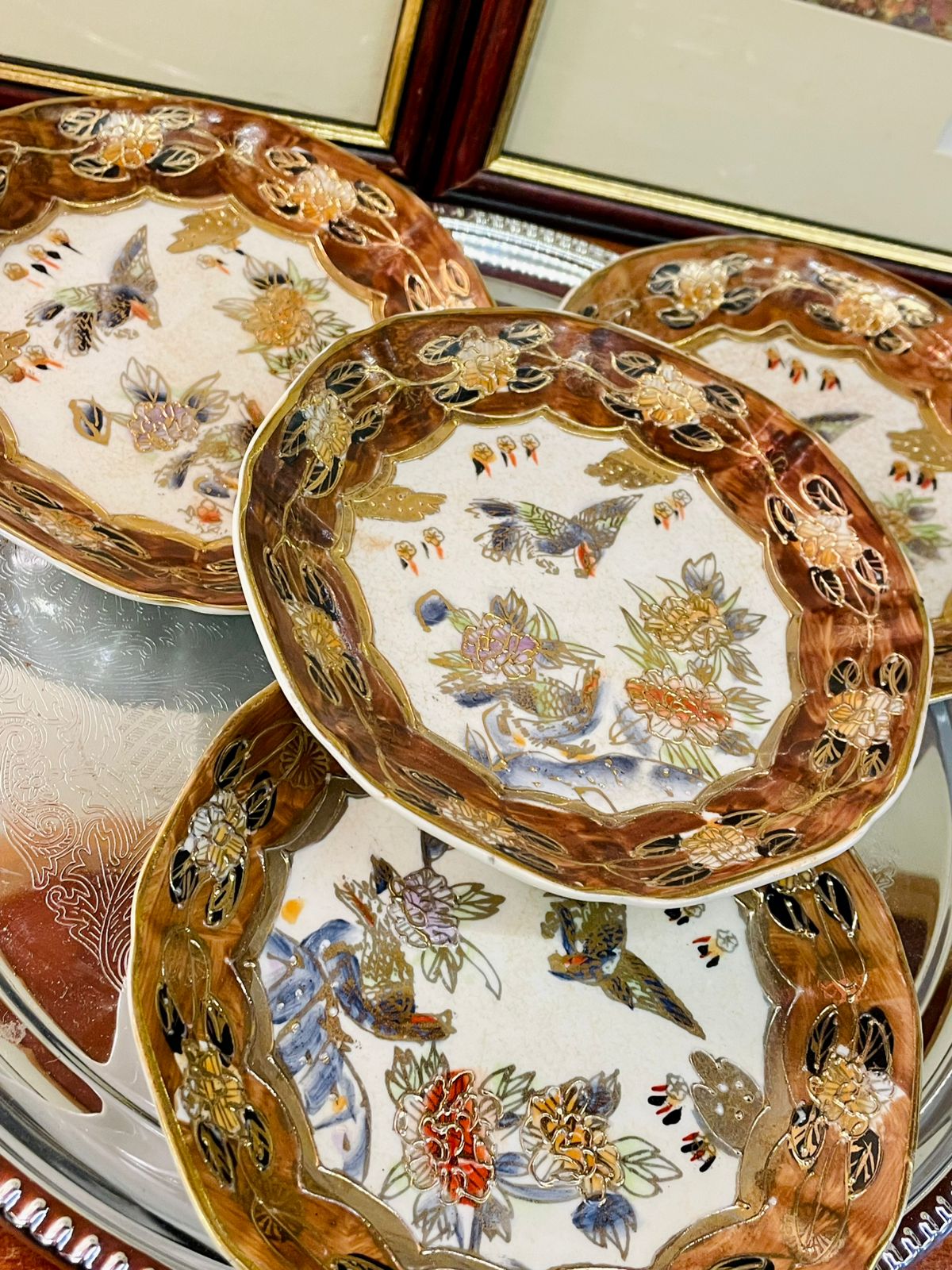 Vintage Gilded Oriental Plate – Hand-Painted Floral & Bird Art Dish