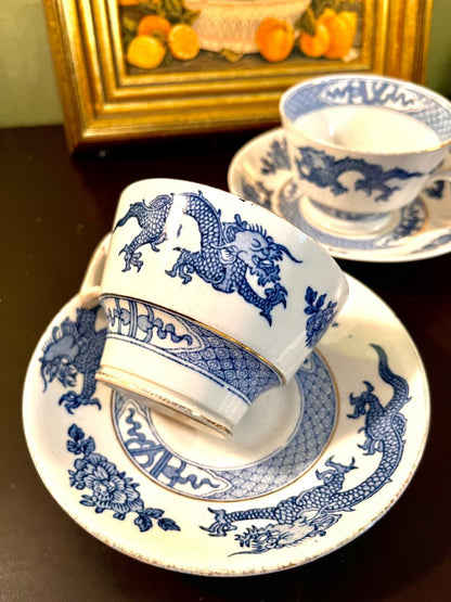 Vintage Blue & White Dragon Teacup & Saucer Set (each)
