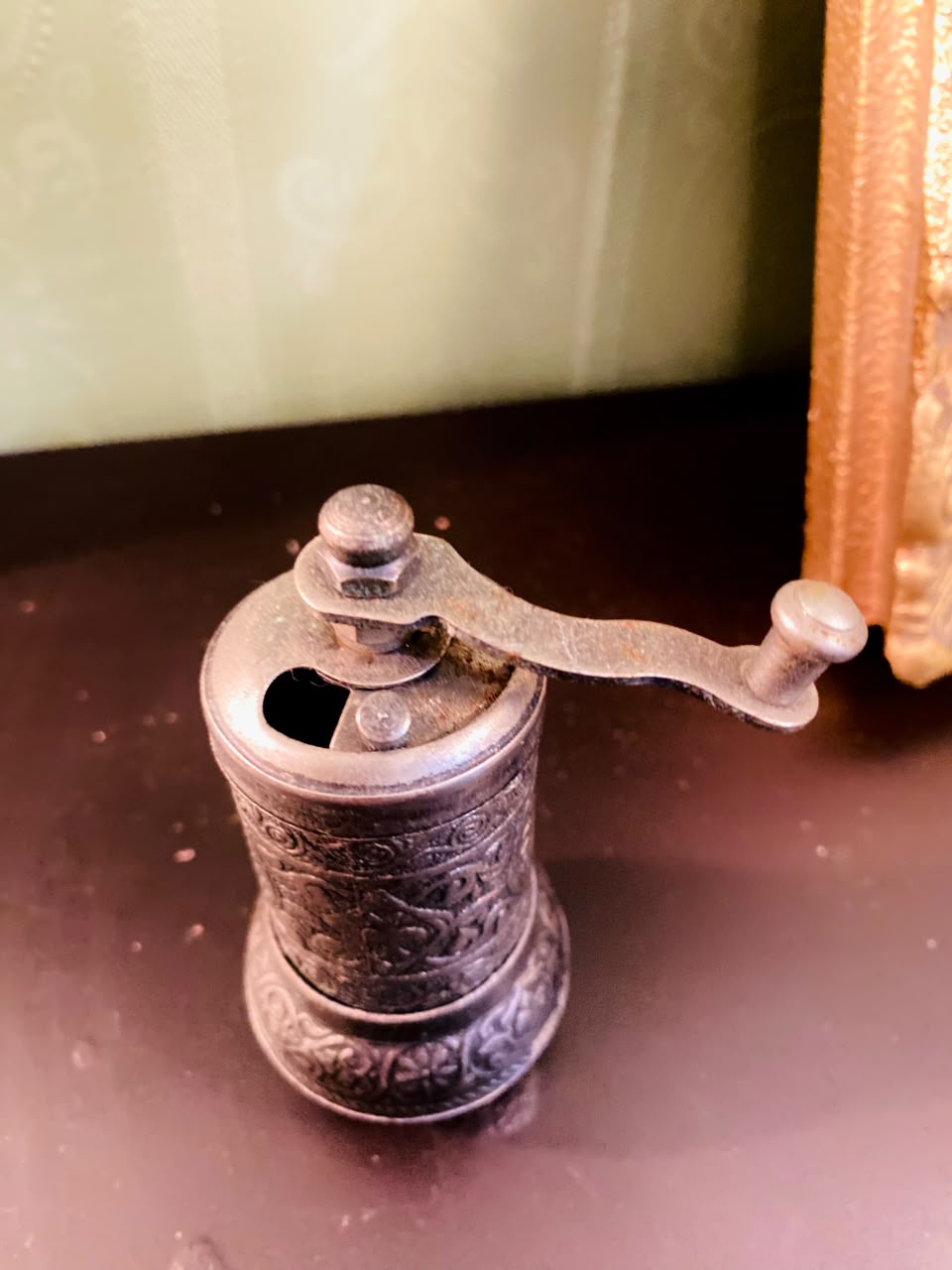 Vintage Hand Crank Coffee Grinder 4 Inch Ornate Metal Mill
