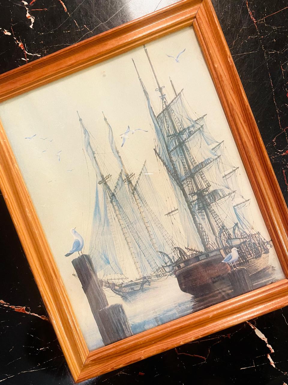 Vintage Sailing Ship Painting Framed Nautical Wall Art