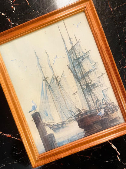 Vintage Sailing Ship Painting Framed Nautical Wall Art