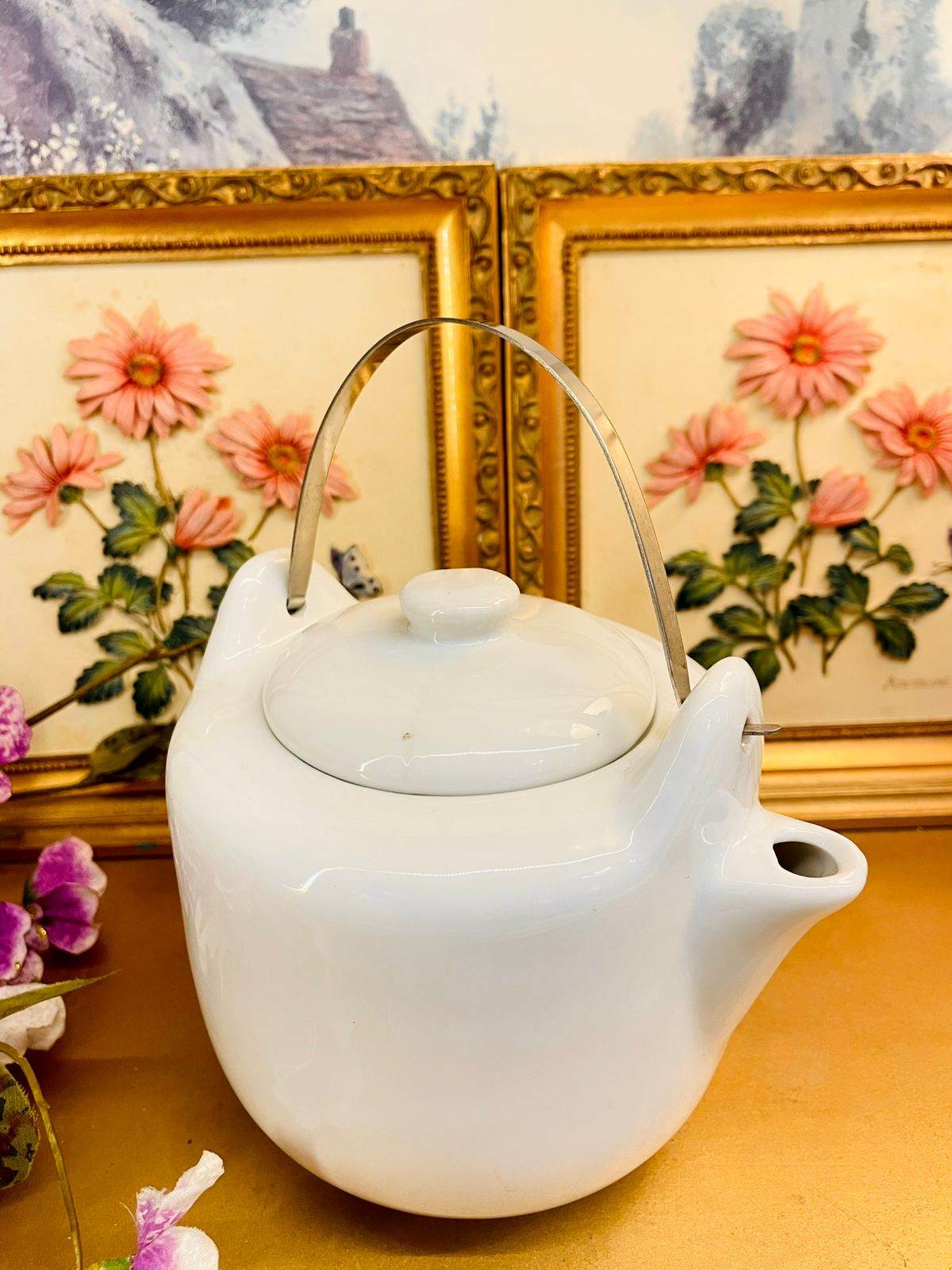 White Ceramic Teapot with Metal Handle