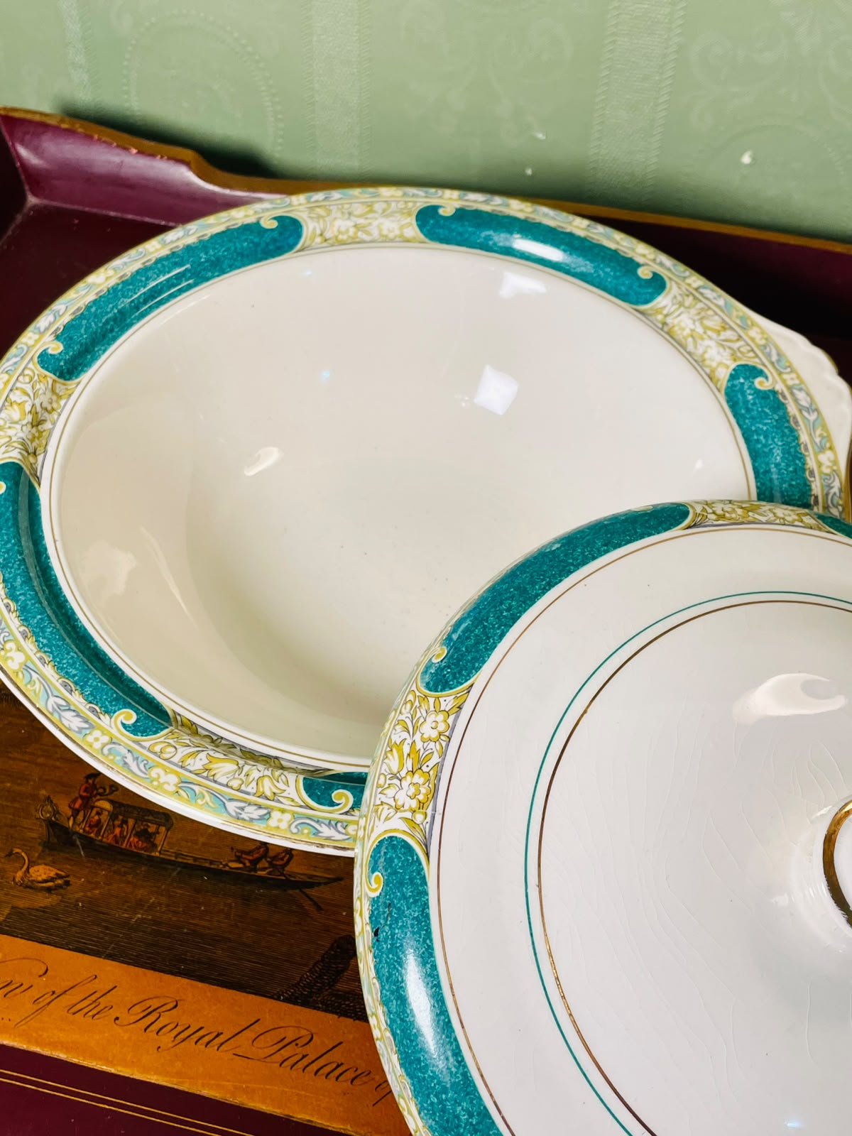 Royal Swan Turquoise & Gold Covered Serving Bowl 10"