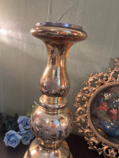 Large Gold Mercury Glass Candle Holder / Tall Pillar Candle Stand