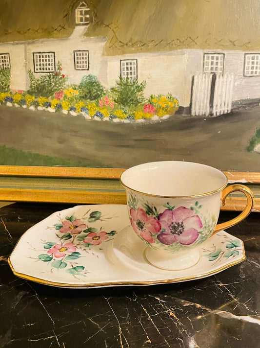Royal Vale Vintage Footed Tea Cup and Plate – Floral Motif Bone China England