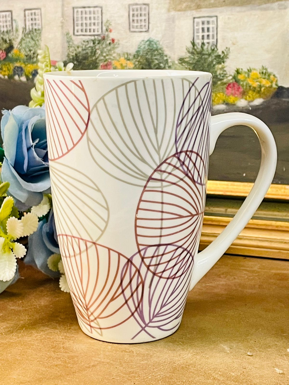 Tall Botanical Line Art Ceramic Mug in Soft Mauve