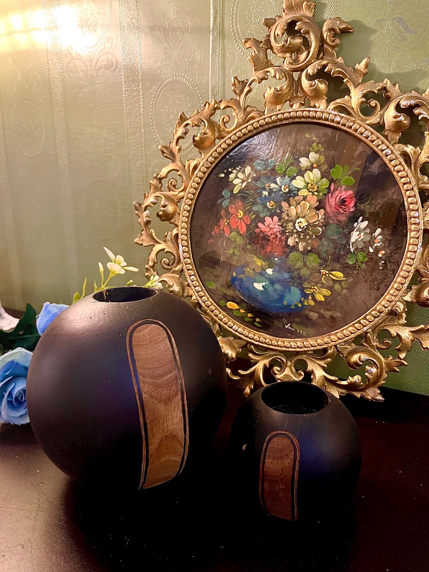 Set of 2 Black Round Decorative Vases with Wood Accent