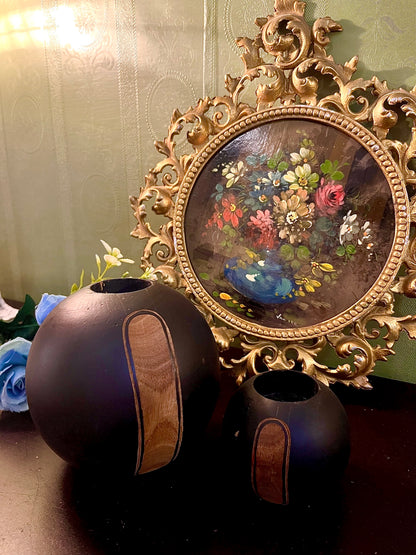 Set of 2 Black Round Decorative Vases with Wood Accent