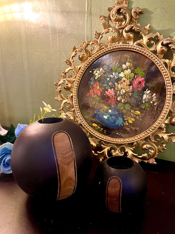 Set of 2 Black Round Decorative Vases with Wood Accent