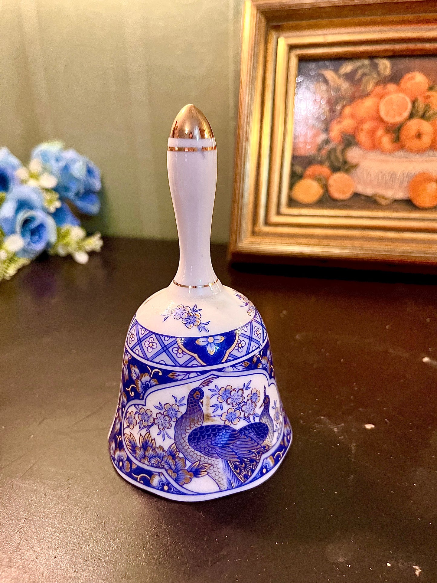Blue and White Peacock Ceramic Hand Bell – Gold Trim Collectible