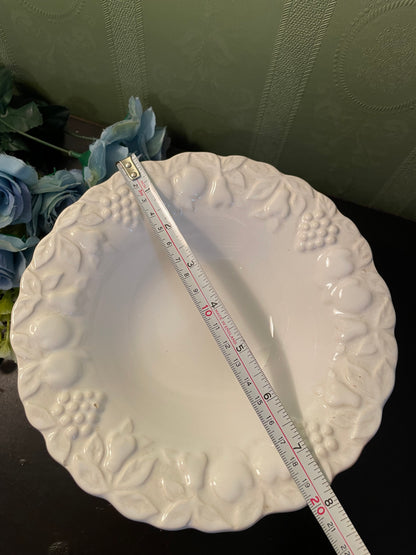 White Ceramic Footed Fruit Bowl Embossed Serving Dish