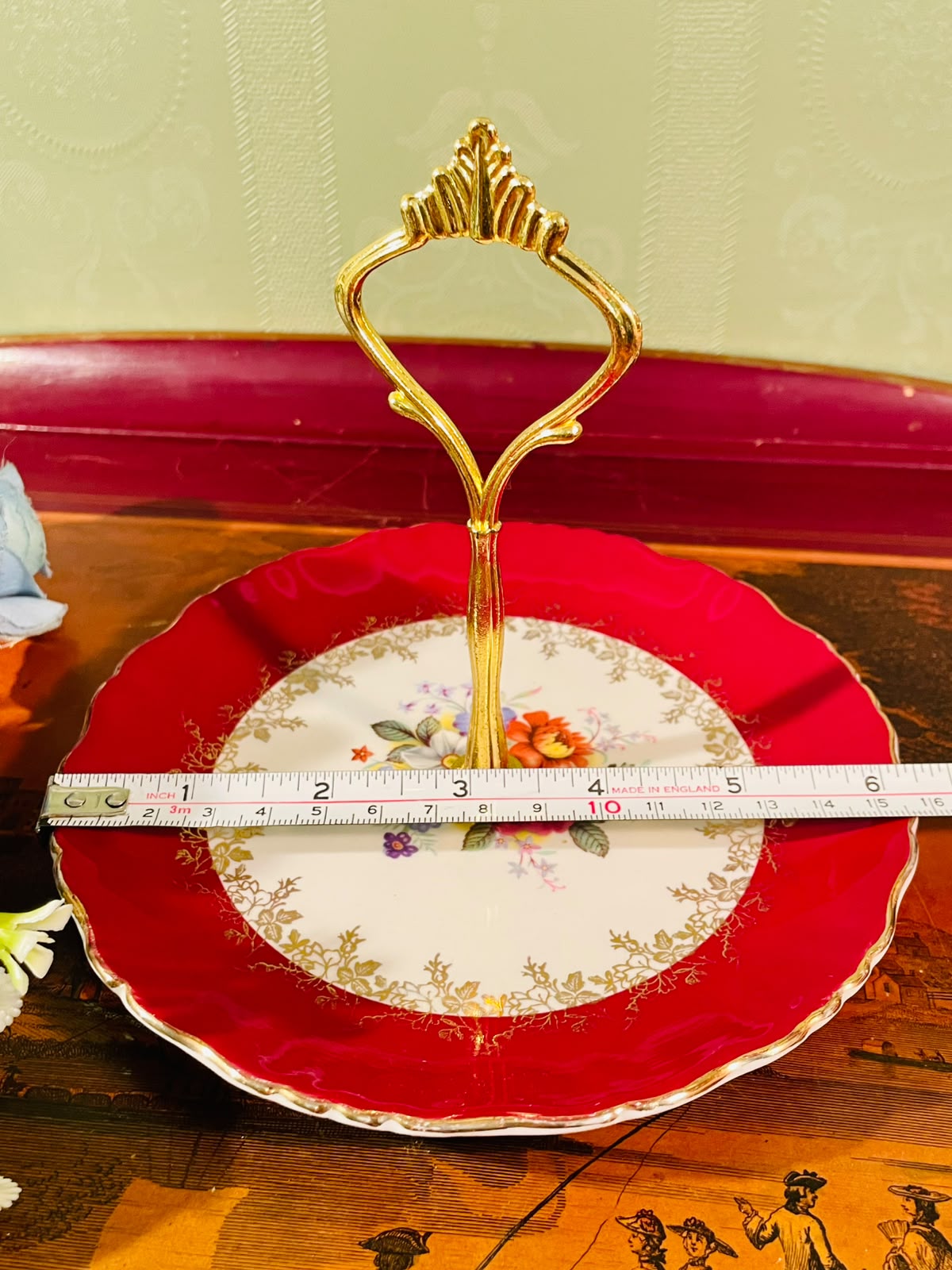 Red Floral Handled Fine Bone China Serving Plate – 6 Inch