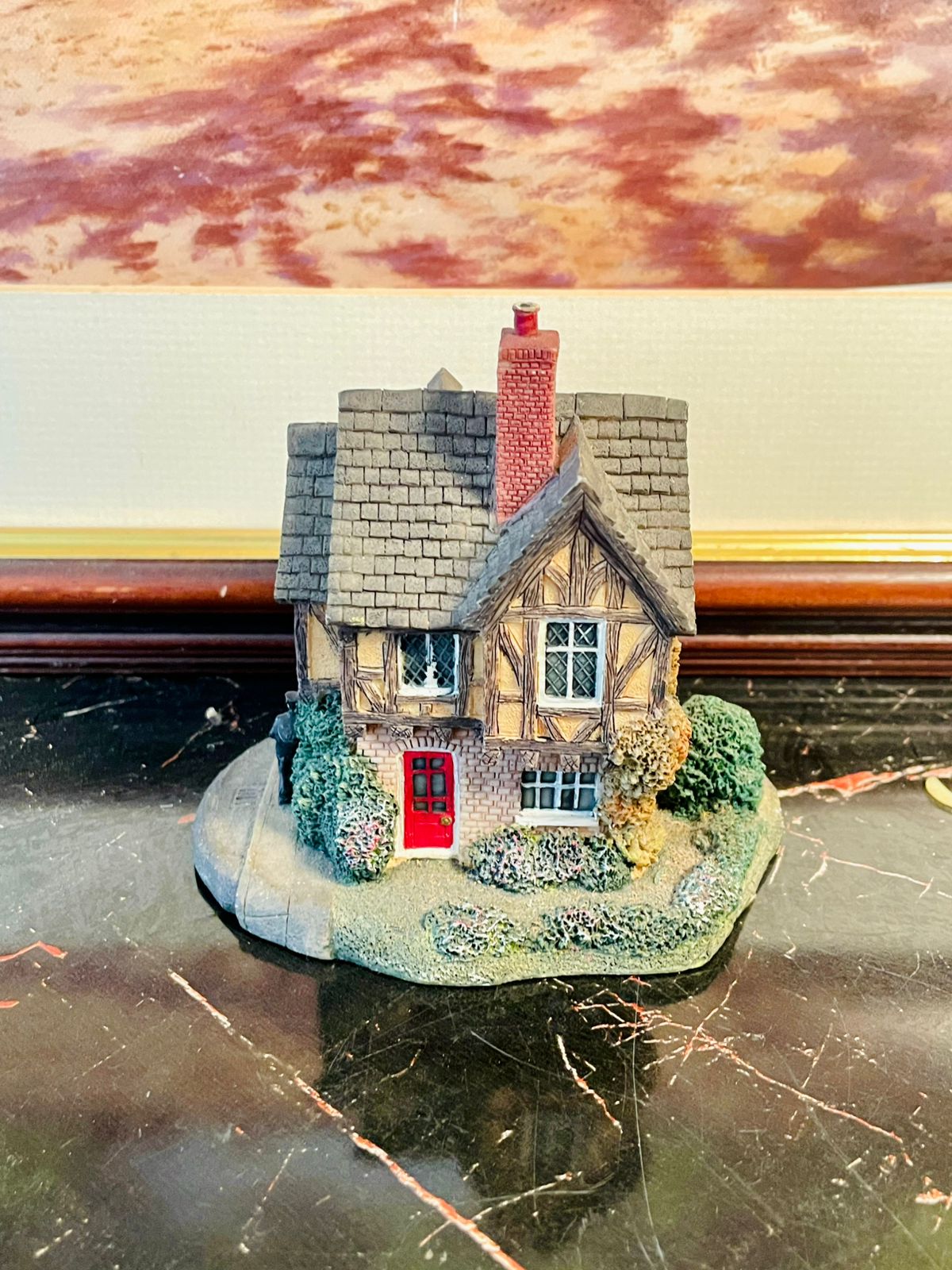 miniature Tudor cottage, collectible cottage figurine, resin model house, British countryside miniature, vintage cottage décor, handcrafted model house, English village collectible, cottage red door figurine, Tudor style house model, collectible home décor