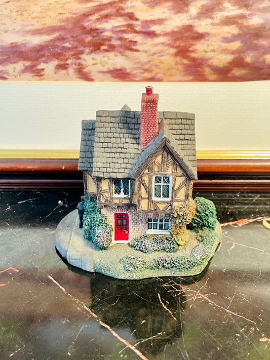 miniature Tudor cottage, collectible cottage figurine, resin model house, British countryside miniature, vintage cottage décor, handcrafted model house, English village collectible, cottage red door figurine, Tudor style house model, collectible home décor
