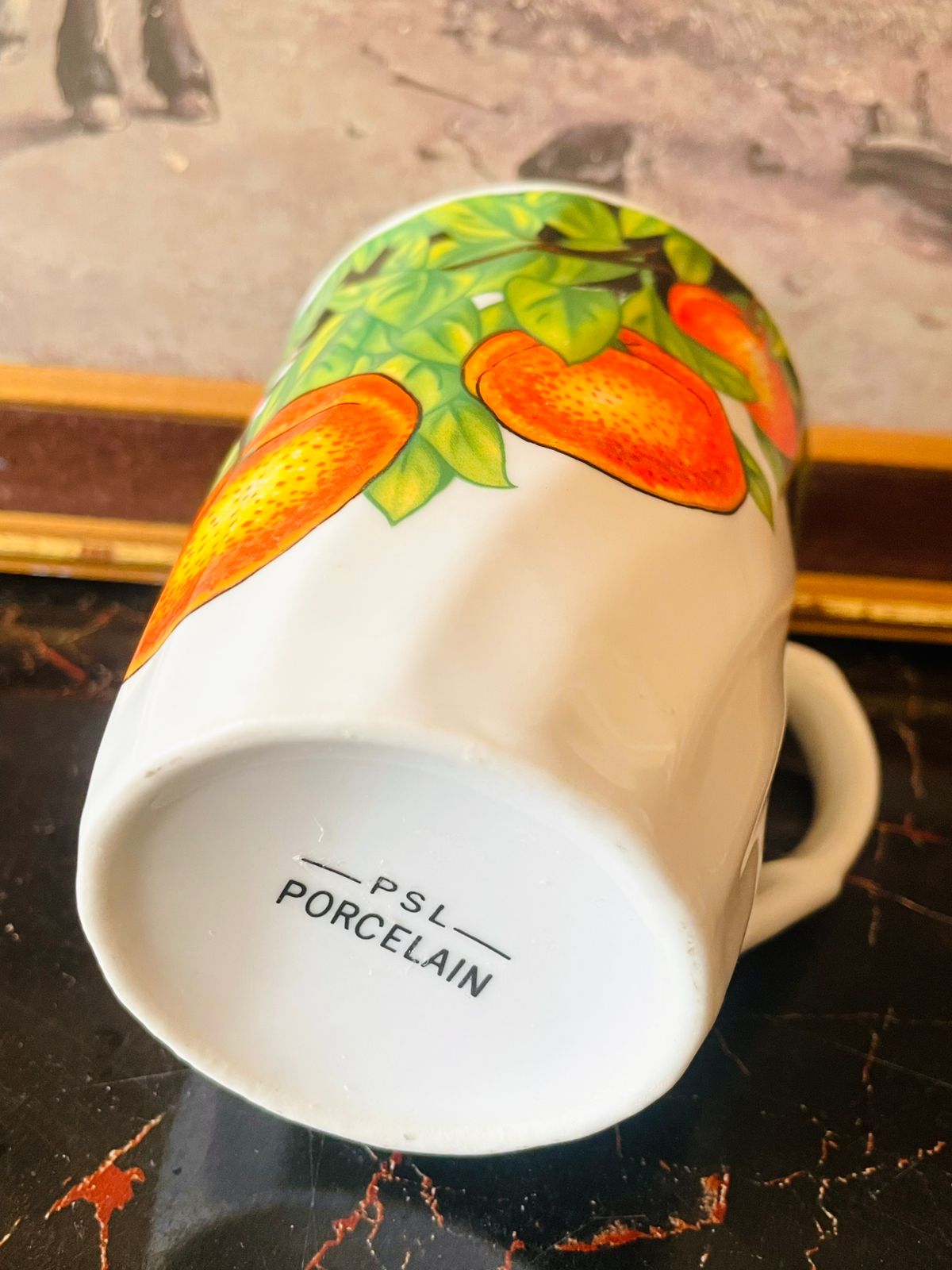 (Vibrant Citrus Charm) PSL Porcelain Mug – Hand-Painted Orange Grove Design