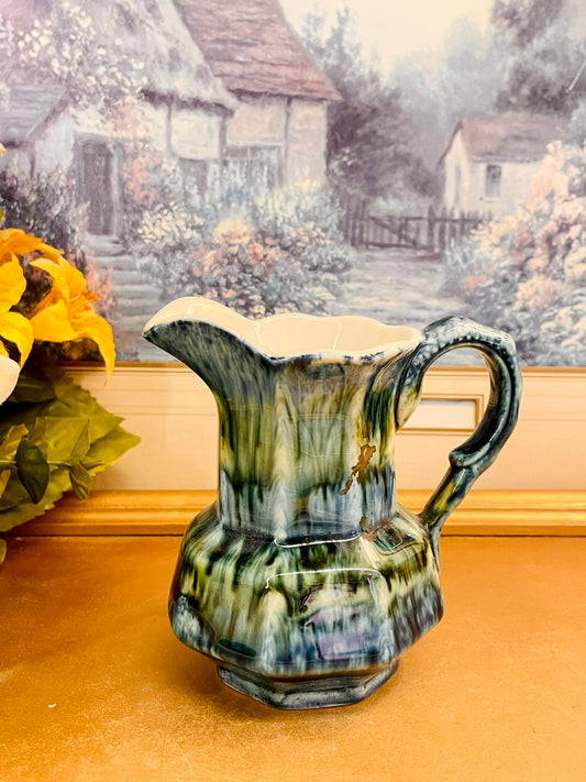Vintage Blue Green Drip Glaze Ceramic Pitcher Jug