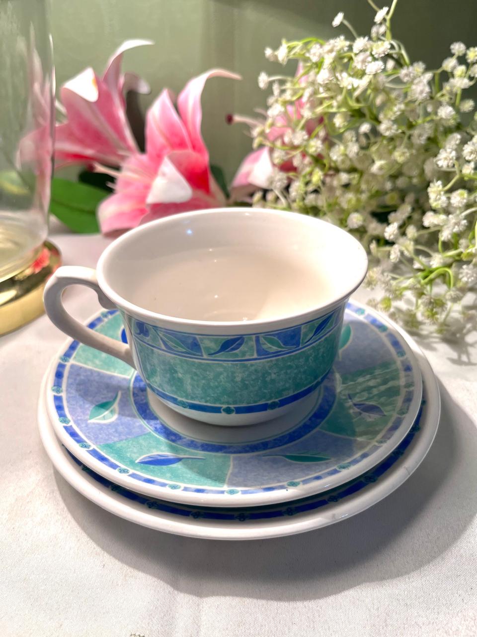Blue & Green Geometric Cup, Saucer & Plate Set – 3 Pieces