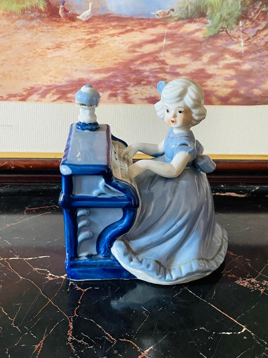 vintage music box, porcelain figurine, girl piano figurine, English collectible, rare thrift find, antique decor, blue and white porcelain, European vintage collectible, elegant home decor, vintage gift item