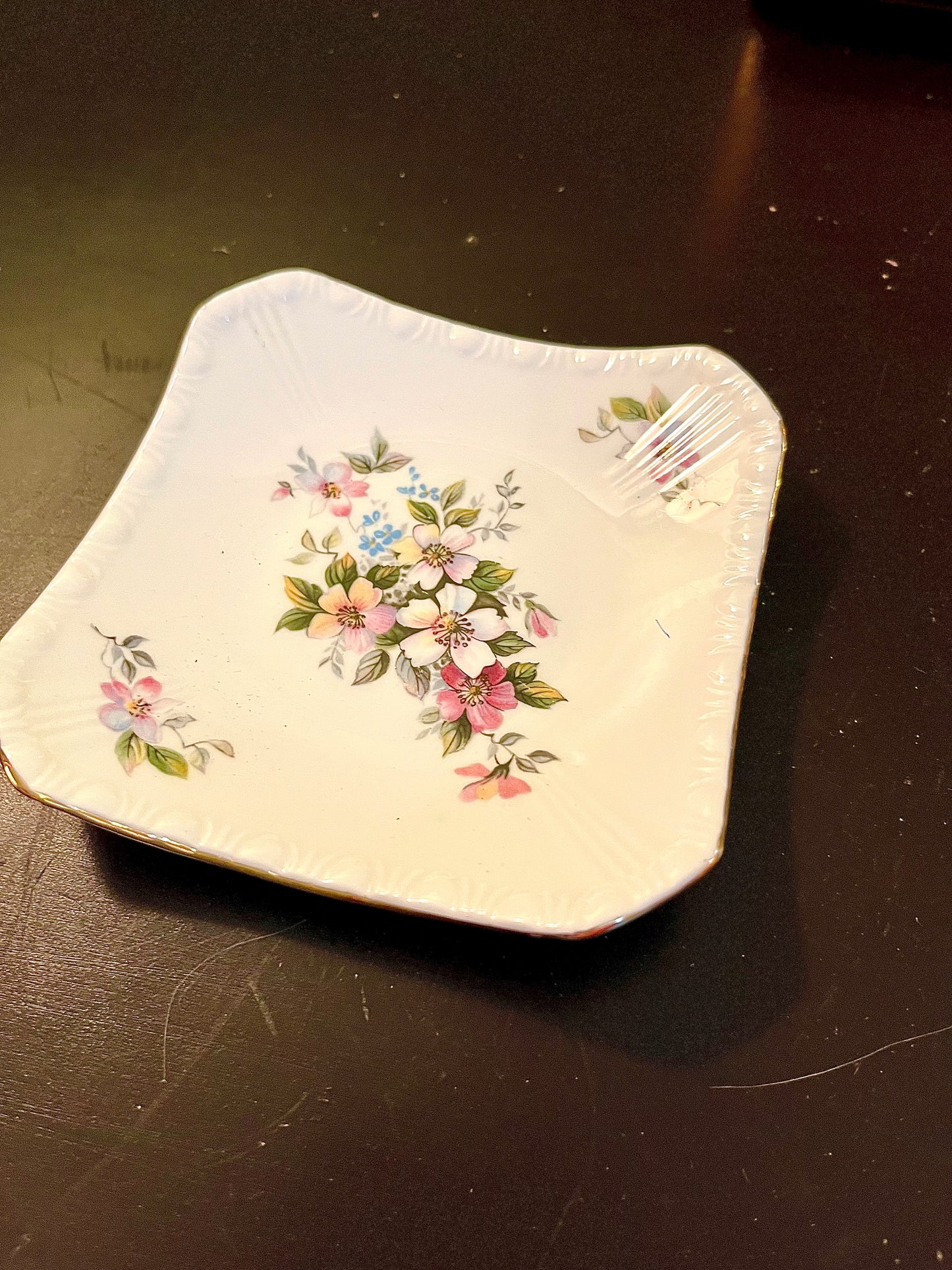 Vintage Pink Floral Square Ceramic Dish 10 cm Gold Trim