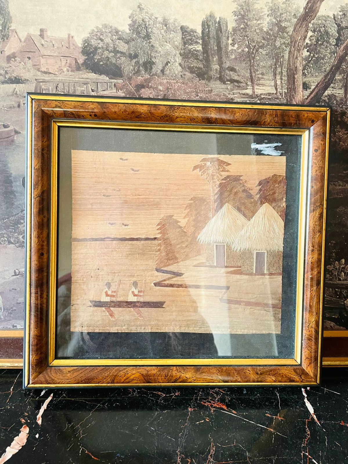 Handcrafted Wooden Marquetry Art – Village & Canoe Scene (Framed)
