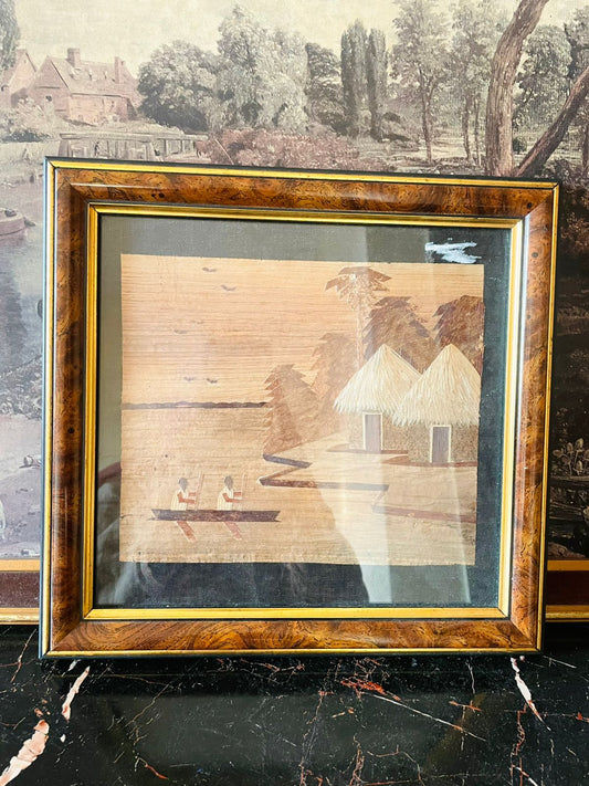 Handcrafted Wooden Marquetry Art – Village & Canoe Scene (Framed)