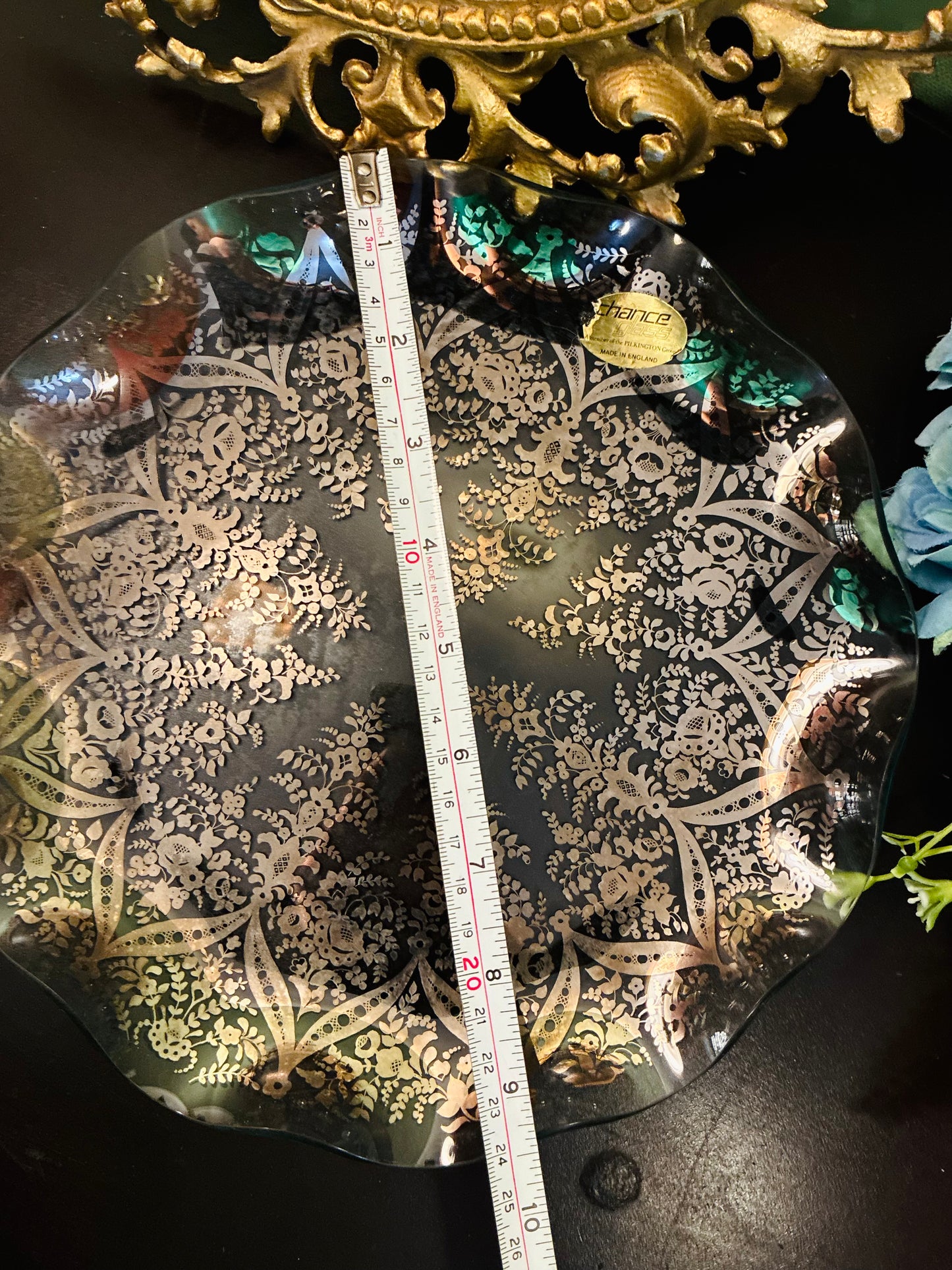 Vintage Crystal Glass Floral Platter 10 Inch Made in England