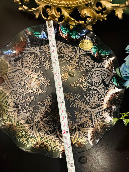 Vintage Crystal Glass Floral Platter 10 Inch Made in England