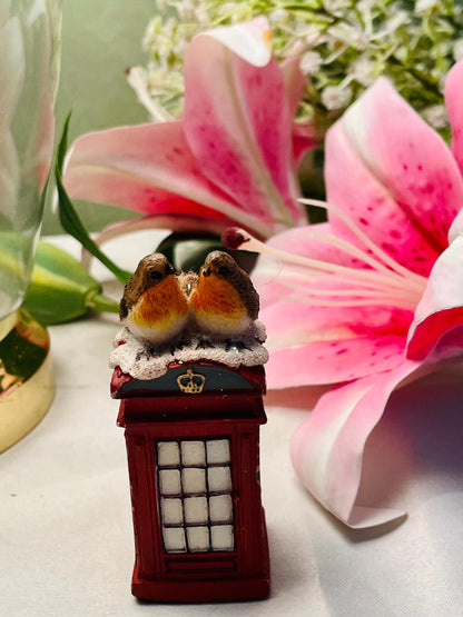 Robin Birds on Red Telephone Box Figurine 8 cm