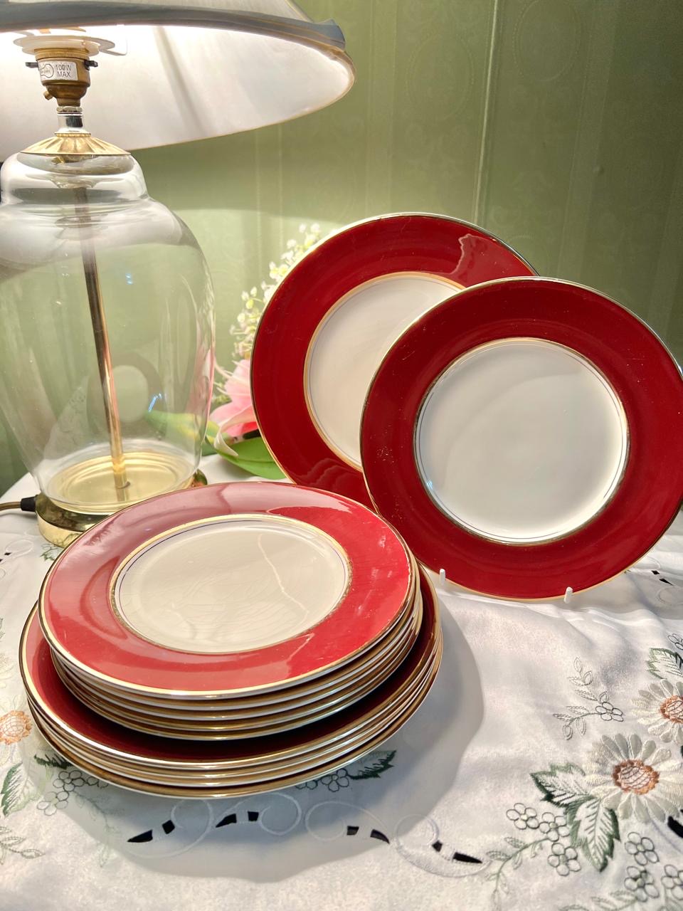 Myott Red Border English 11 Plates Set Gold Rims