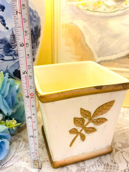 Vintage Embossed Leaf Ceramic Planter - Handcrafted Square Pot