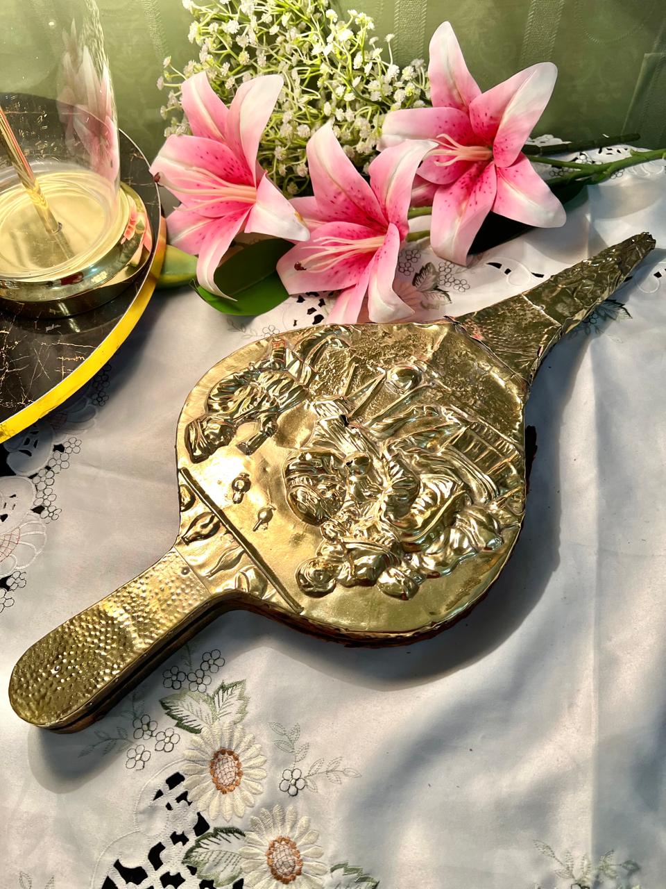 Brass Fireplace Bellows Gold-Tone Relief Design Approx. 56cm