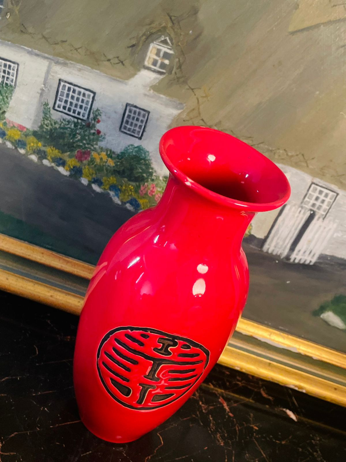 Red Oriental Ceramic Vase ( 20cm )– Gloss Finish with Double Happiness Symbol. Japan