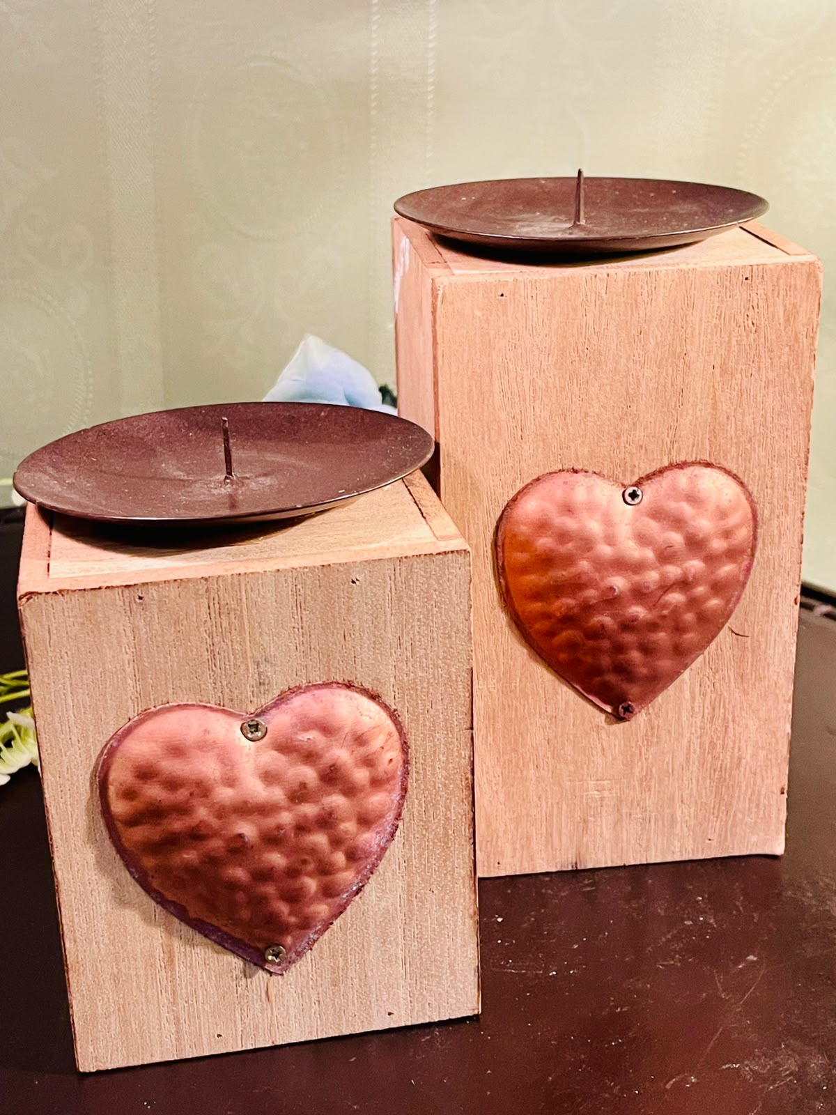 Rustic Wooden Heart Pillar Candle Holder Set – Decorative Wood Candle Stands (2 Pieces, 4 & 5 Inch)