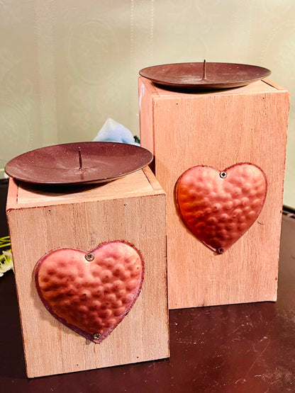 Rustic Wooden Heart Pillar Candle Holder Set – Decorative Wood Candle Stands (2 Pieces, 4 & 5 Inch)
